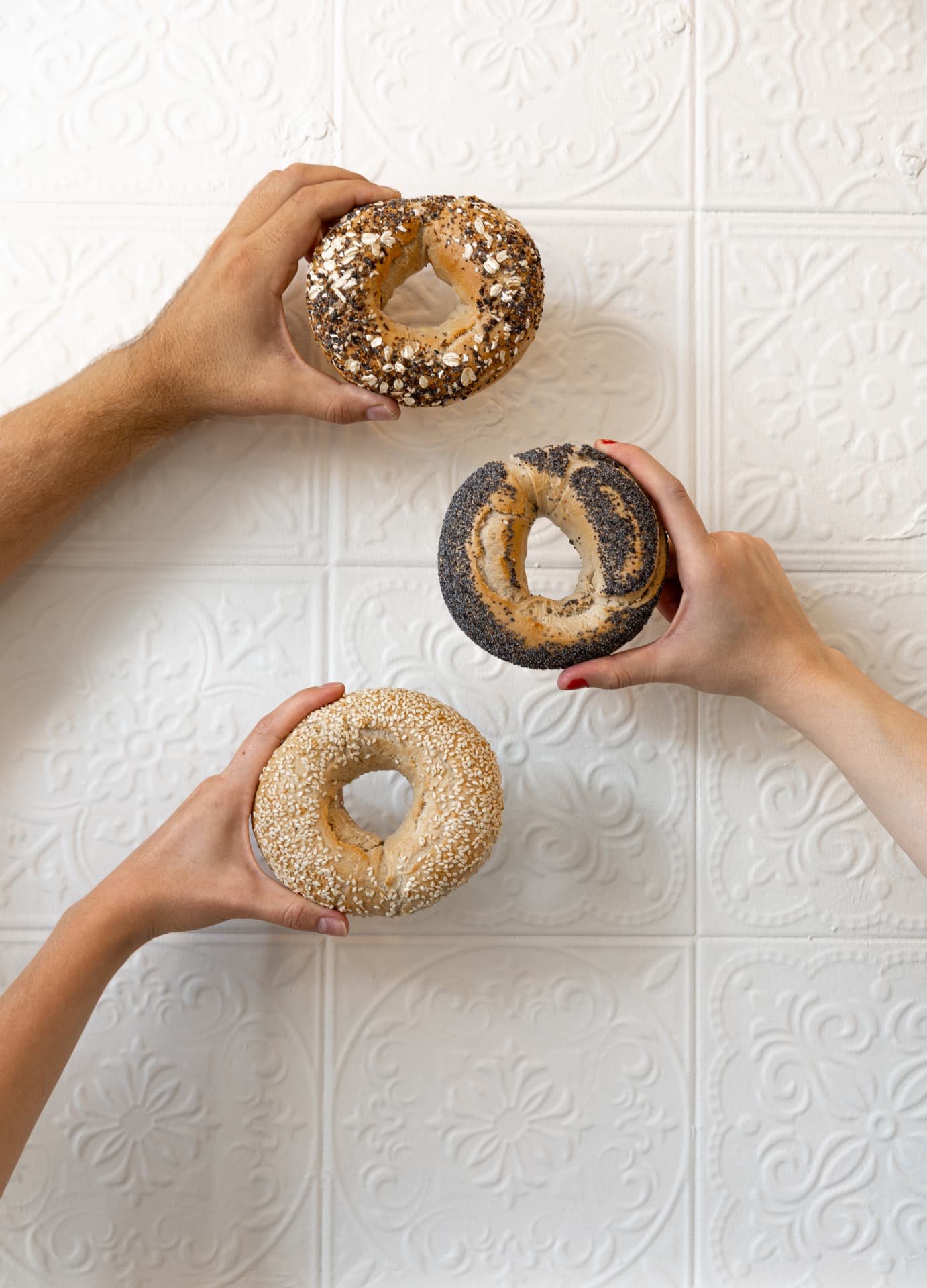 Three hands holding freshly baked Daily Blend bagels