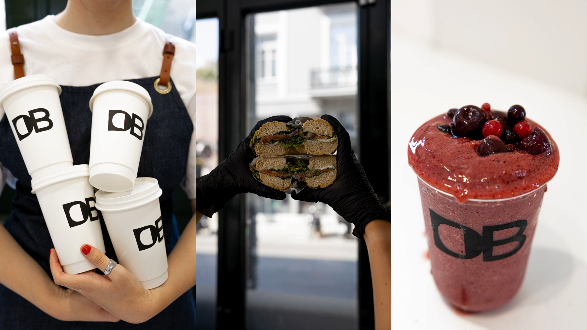 Hands in black gloves holding two Daily Blend bagel sandwiches